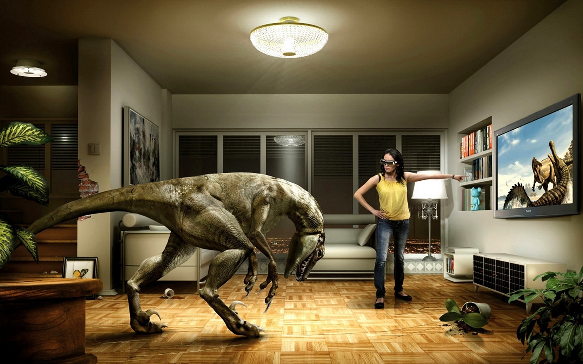 Обои девушка, телевизор, динозавр, юмор, girl, tv, dinosaur, humor разрешение 1920x1200 Загрузить