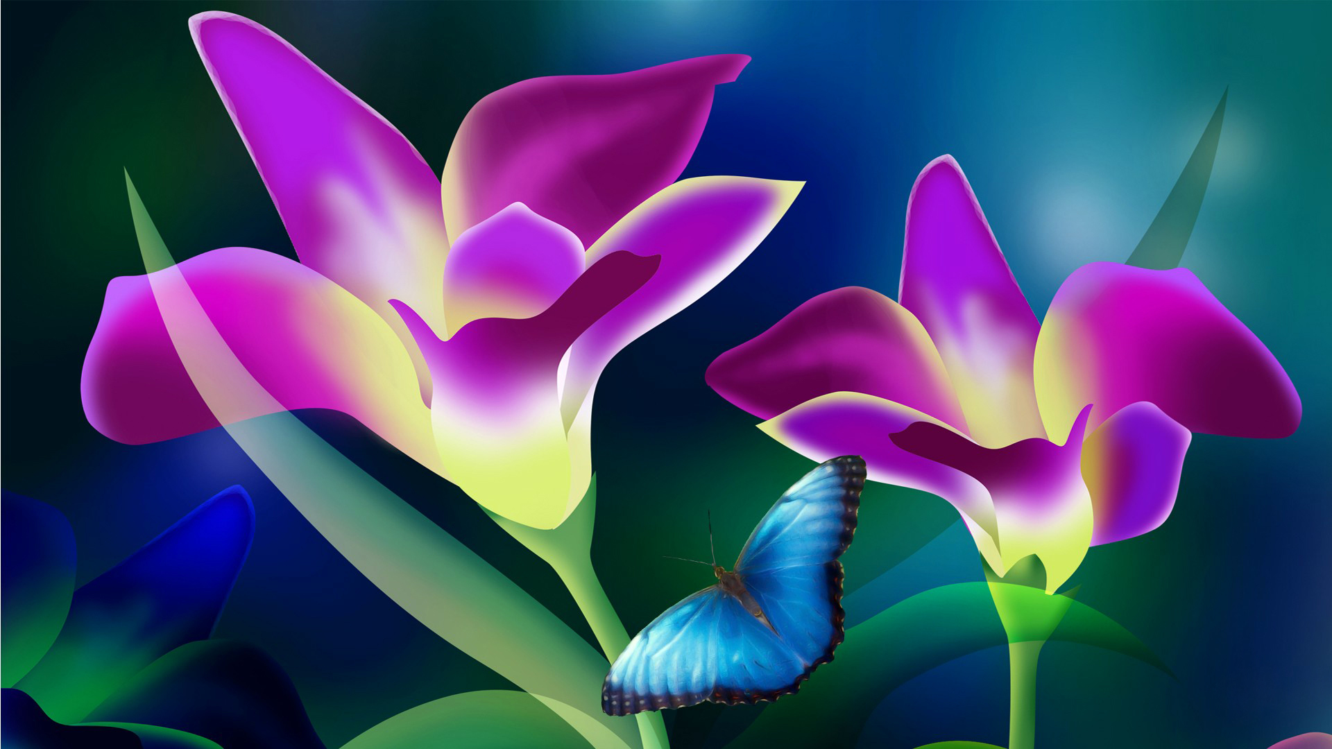 Обои цветы, листья, фон, лепестки, бабочка, векторная графика, flowers, leaves, background, petals, butterfly, vector graphics разрешение 1920x1080 Загрузить