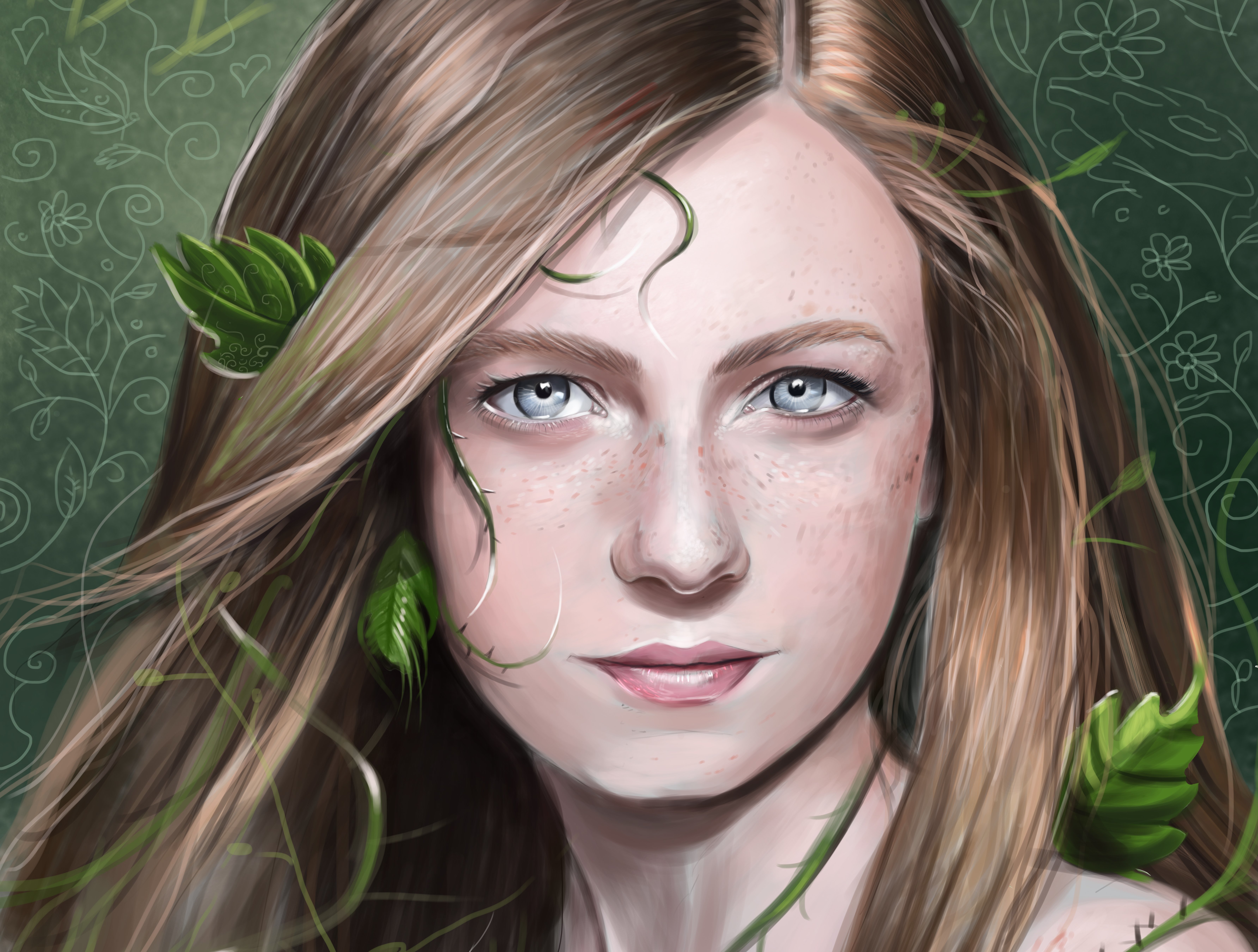 Обои арт, листья, девушка, взгляд, растение, веснушки, art, leaves, girl, look, plant, freckles разрешение 7135x5403 Загрузить