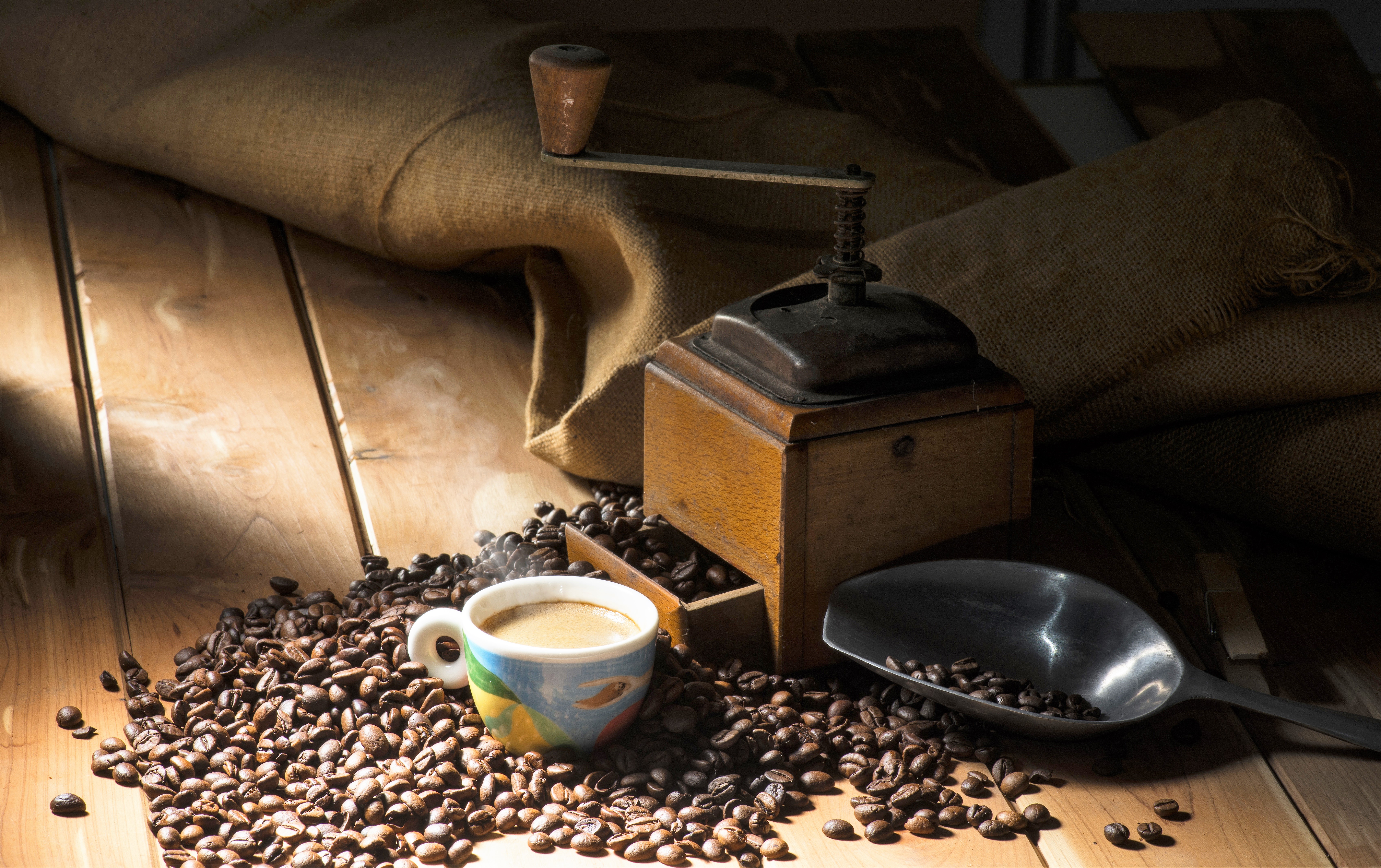 Обои зерна, кофе, чашка, кофемолка, grain, coffee, cup, coffee grinder разрешение 6788x4267 Загрузить