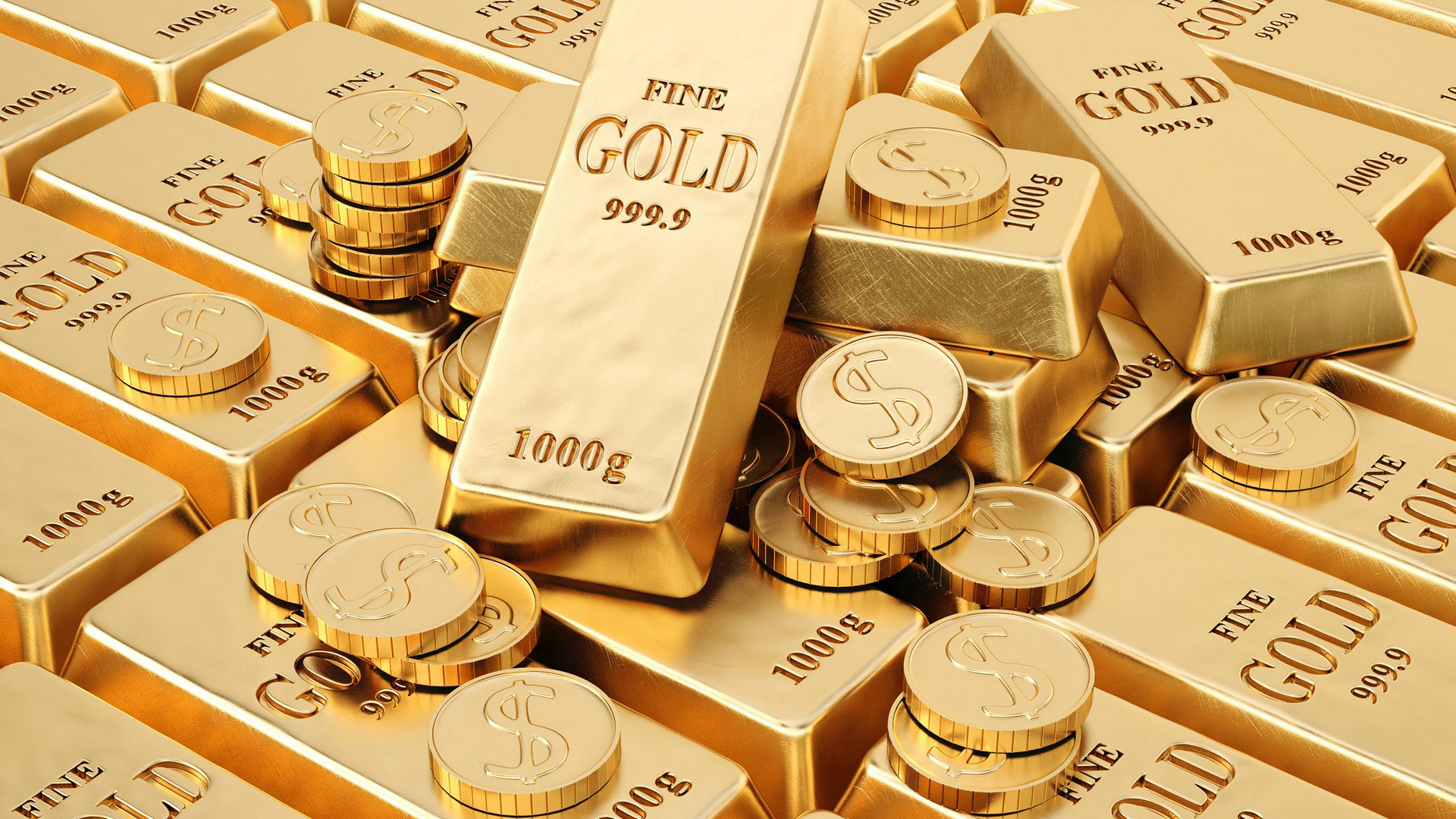 Обои металл, золото, монеты, слитки, проба, metal, gold, coins, bars, sample разрешение 1920x1080 Загрузить