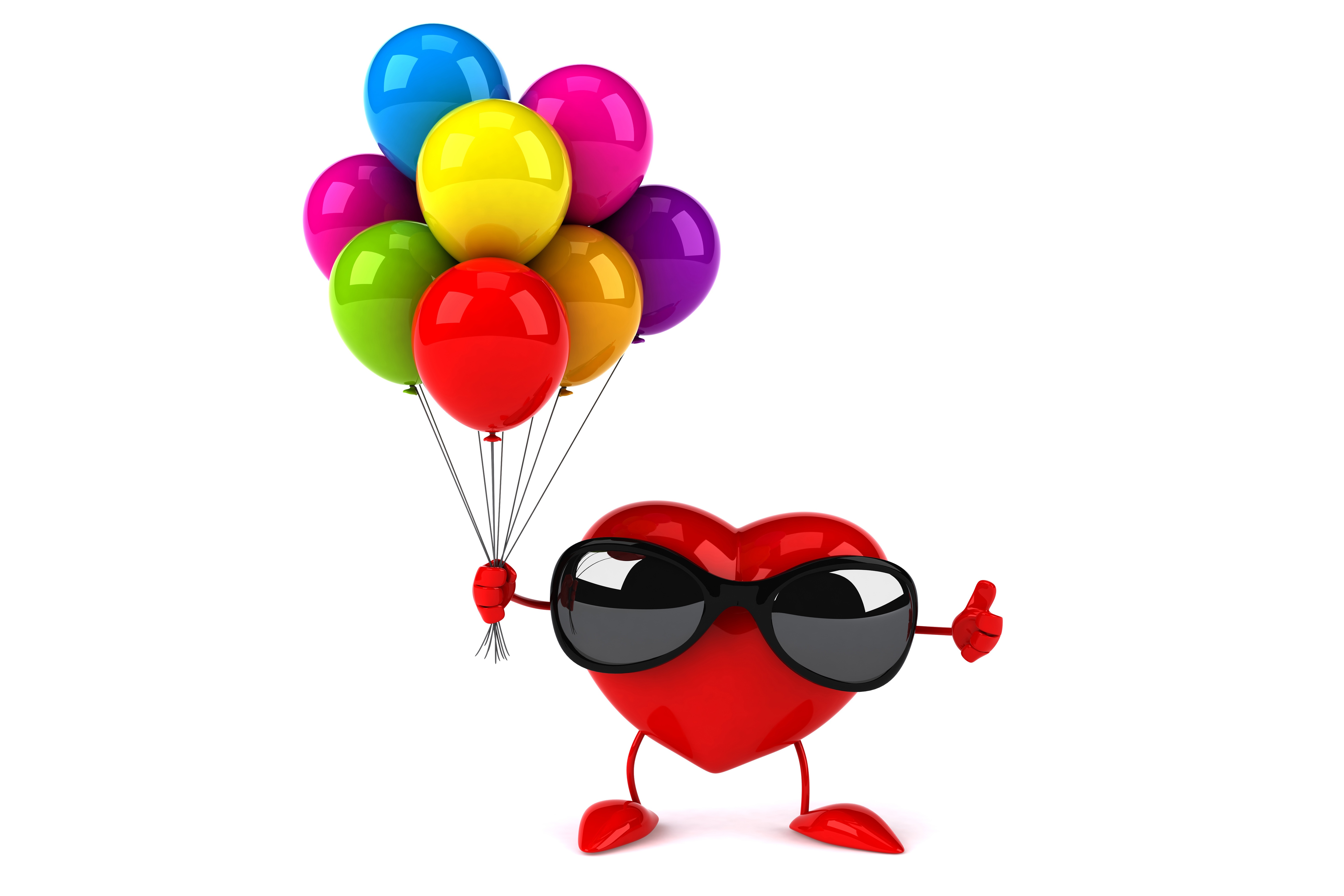 Обои очки, графика, сердце, белый фон, воздушные шары, 3д, glasses, graphics, heart, white background, balloons, 3d разрешение 6000x4000 Загрузить