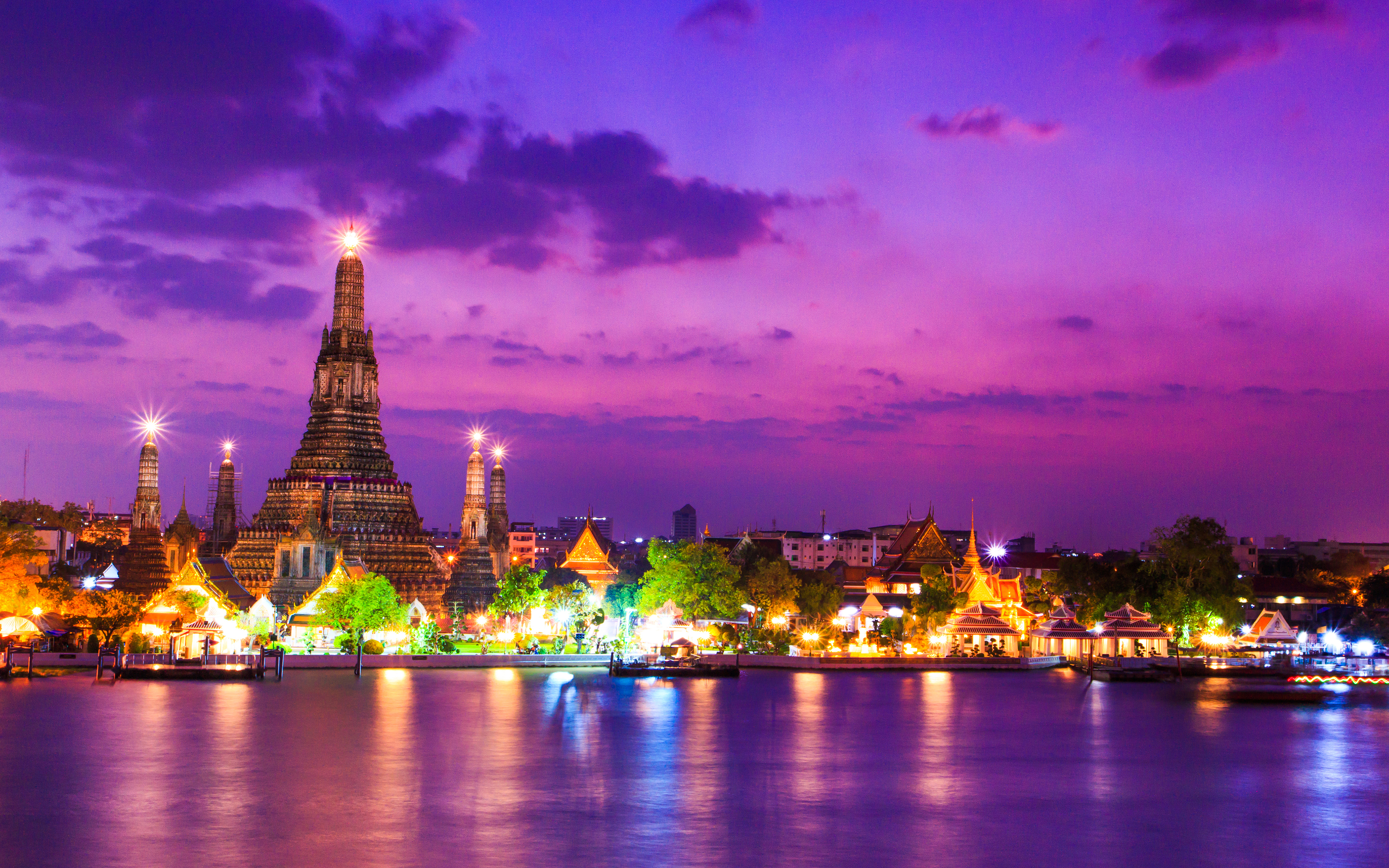 Обои ночь, огни, храм, город, тайланд, бангкок, pigphoto, wat arun temple, night, lights, temple, the city, thailand, bangkok разрешение 3840x2400 Загрузить