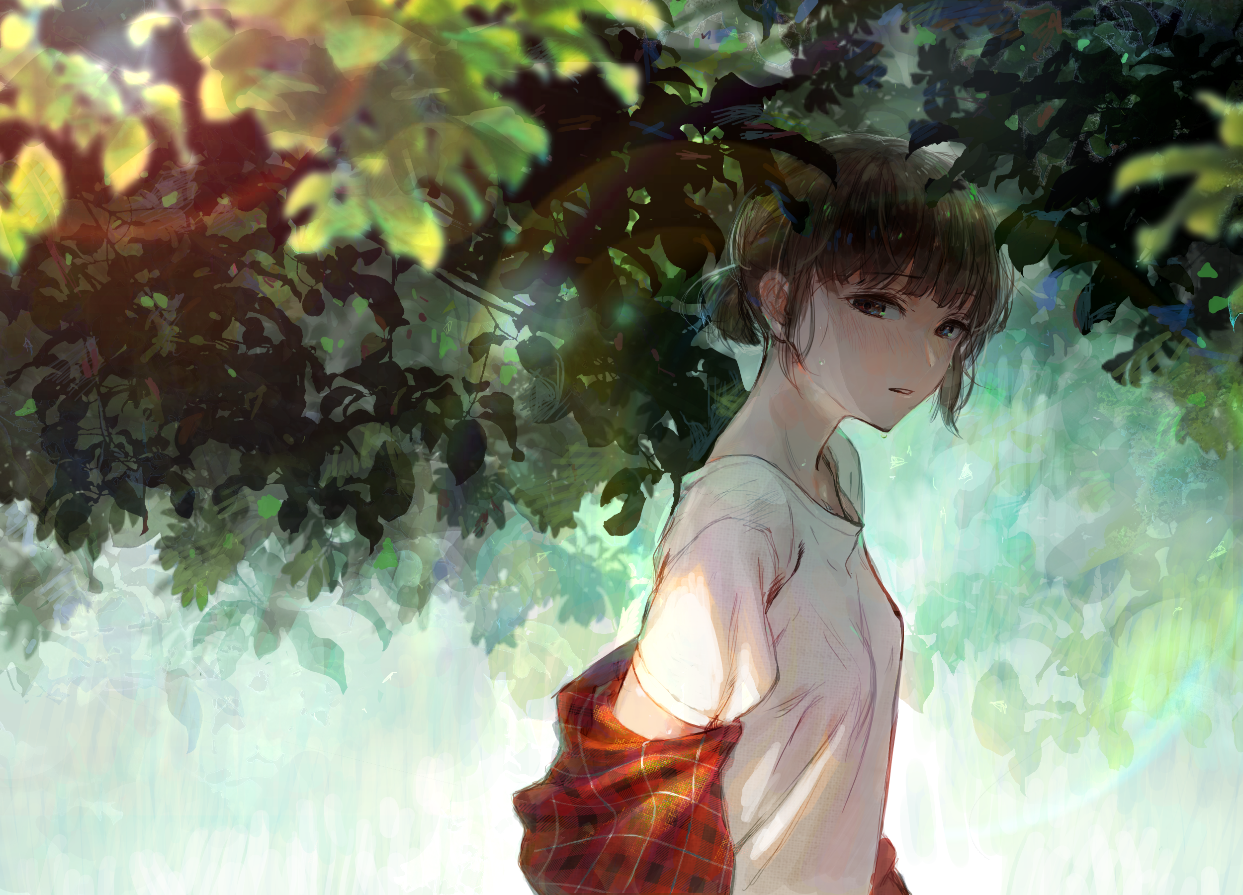 Обои  листья, летнее, короткая стрижка, аниме девочка,     дерево, leaves, summer, short hair, anime girl, tree разрешение 2500x1800 Загрузить