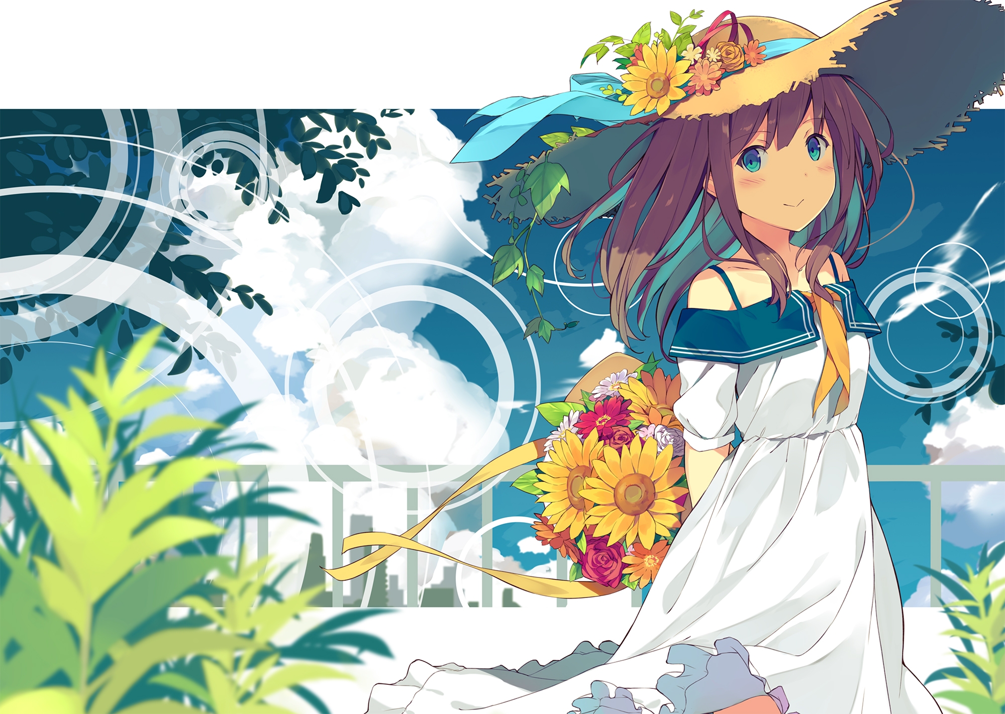 Обои облака,  цветы, summer dress, аниме девочка, соломенная шляпа, clouds, flowers, anime girl, straw hat разрешение 2000x1422 Загрузить