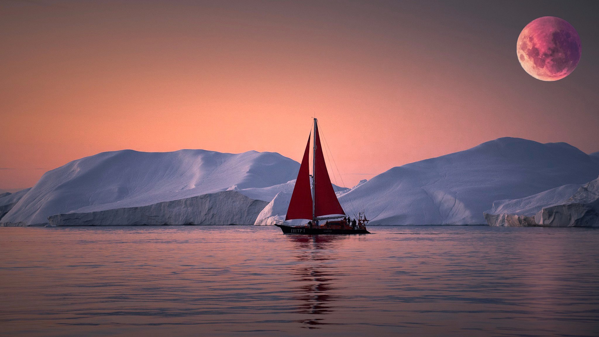 Обои закат, море, яхта, льды, гренландия, айсберги, sunset, sea, yacht, ice, greenland, icebergs разрешение 2048x1152 Загрузить