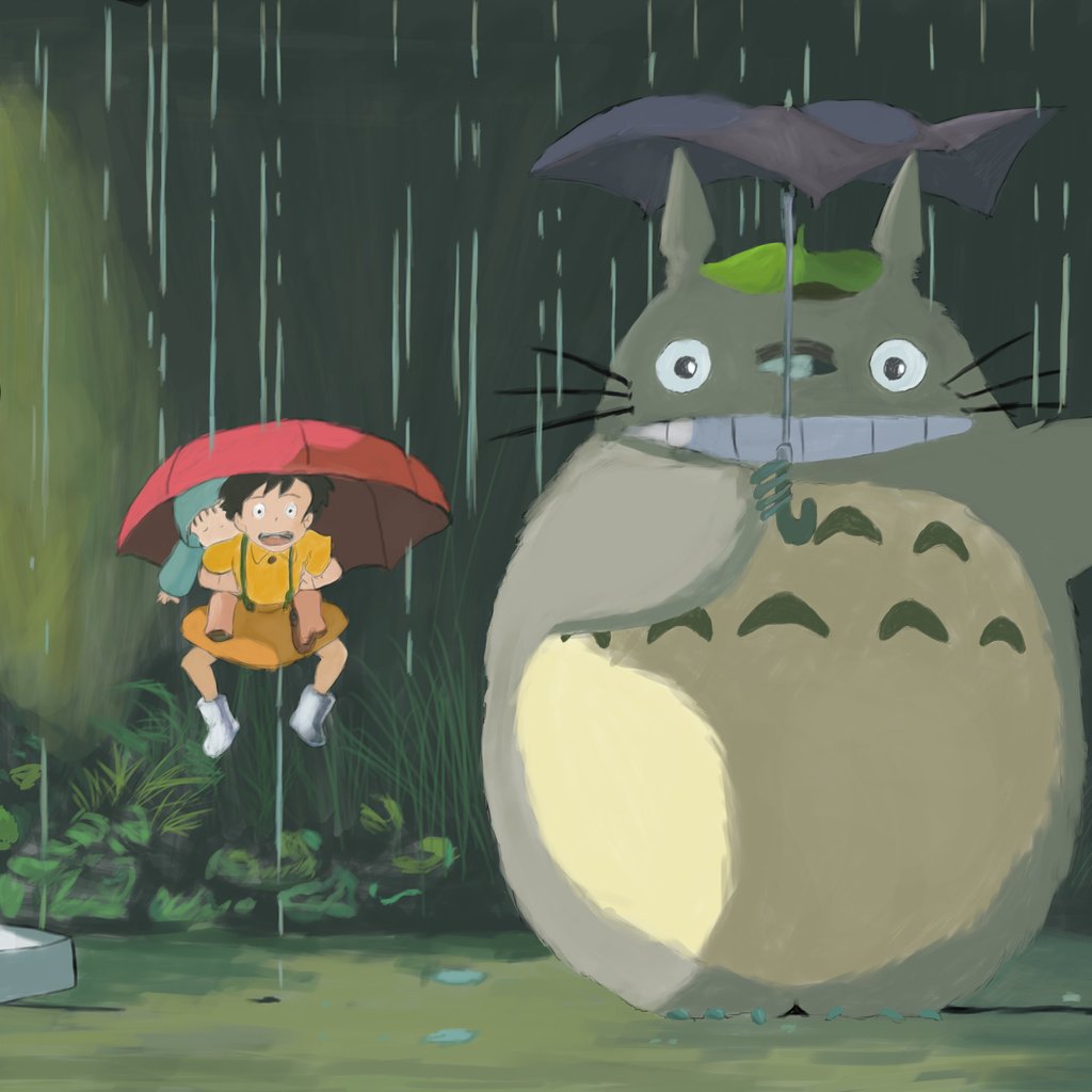 Обои дождь, тоторо, хаяо миядзаки, зонт, rain, totoro, hayao miyazaki, umbrella разрешение 3508x2480 Загрузить