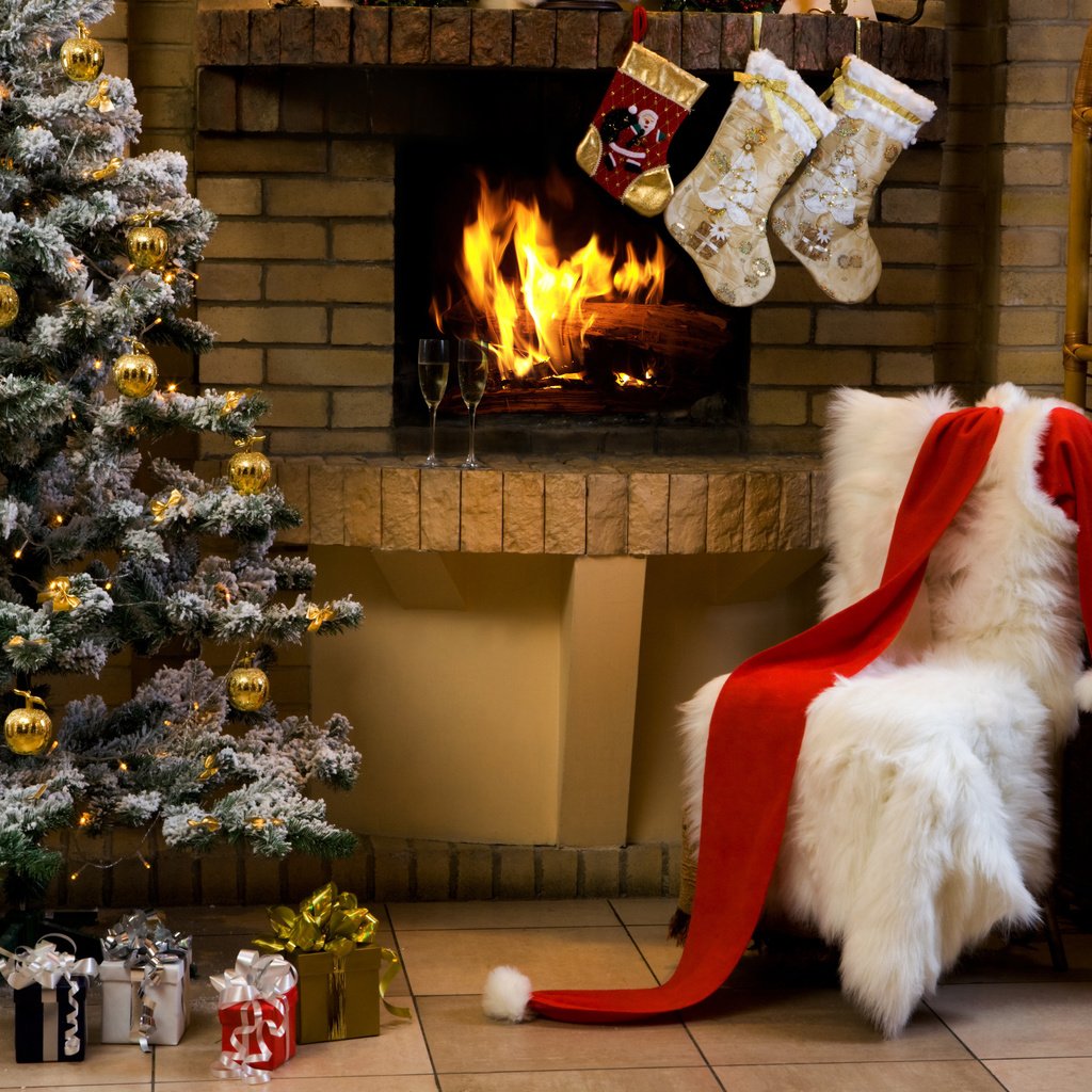 Обои елка, подарки, камин, бокалы, праздник, рождество, шампанское, tree, gifts, fireplace, glasses, holiday, christmas, champagne разрешение 4368x2912 Загрузить