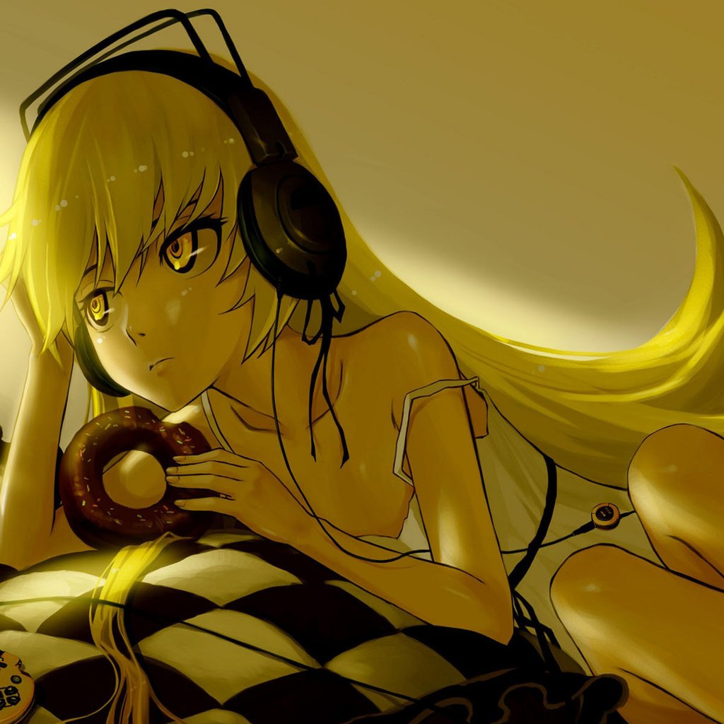 Обои девушка, взгляд, наушники, bakemonogatari, oshino shinobu, желтый цвет, girl, look, headphones, yellow разрешение 1920x1200 Загрузить