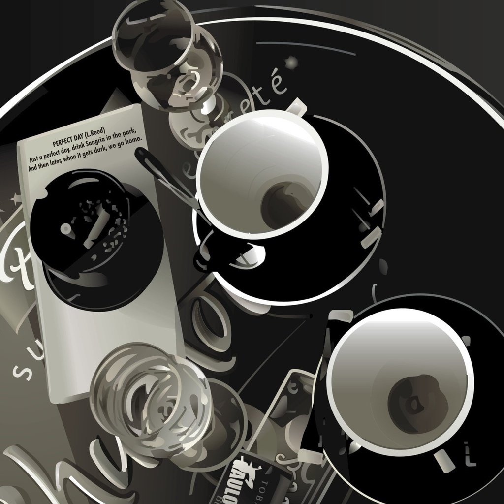 Обои вектор, чёрно-белое, стол, пепельница, бокалы, чашки, vector, black and white, table, ashtray, glasses, cup разрешение 1920x1440 Загрузить