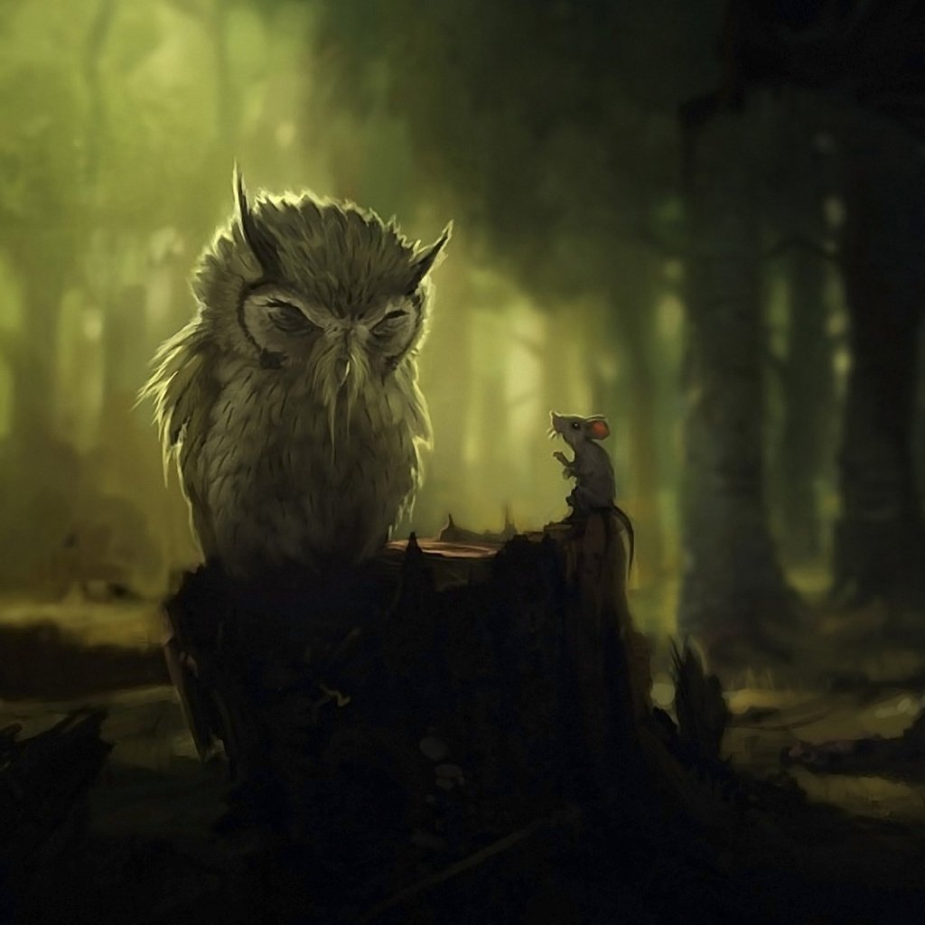 Обои арт, деревья, сова, лес, мышь, темнота, пень, разговор, art, trees, owl, forest, mouse, darkness, stump, the conversation разрешение 1920x1080 Загрузить