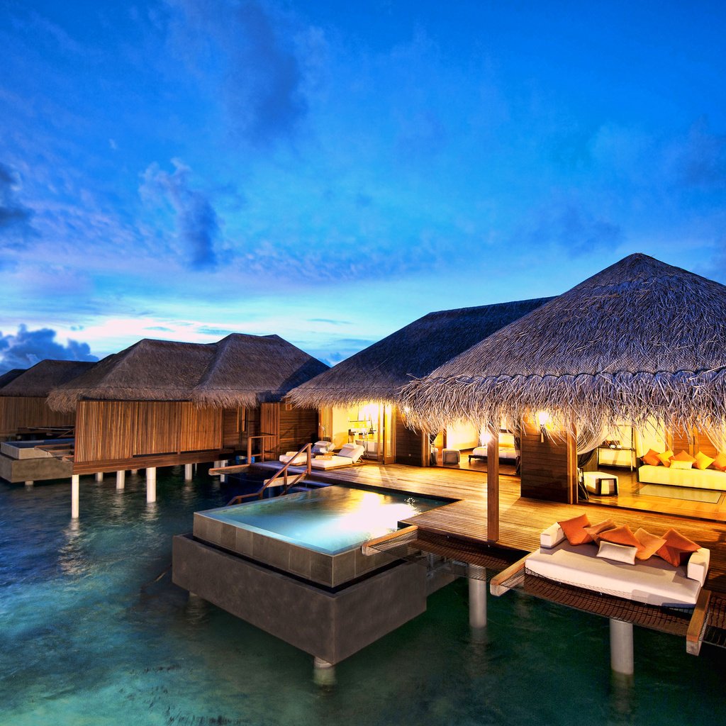 Обои вечер, бунгало, тропики, мальдивы, the evening, bungalow, tropics, the maldives разрешение 3947x2626 Загрузить