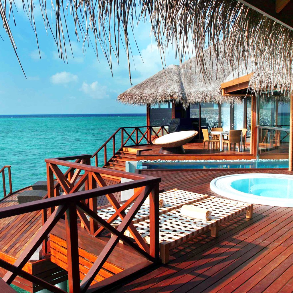 Обои море, отдых, бунгало, тропики, мальдивы, sea, stay, bungalow, tropics, the maldives разрешение 2628x1752 Загрузить