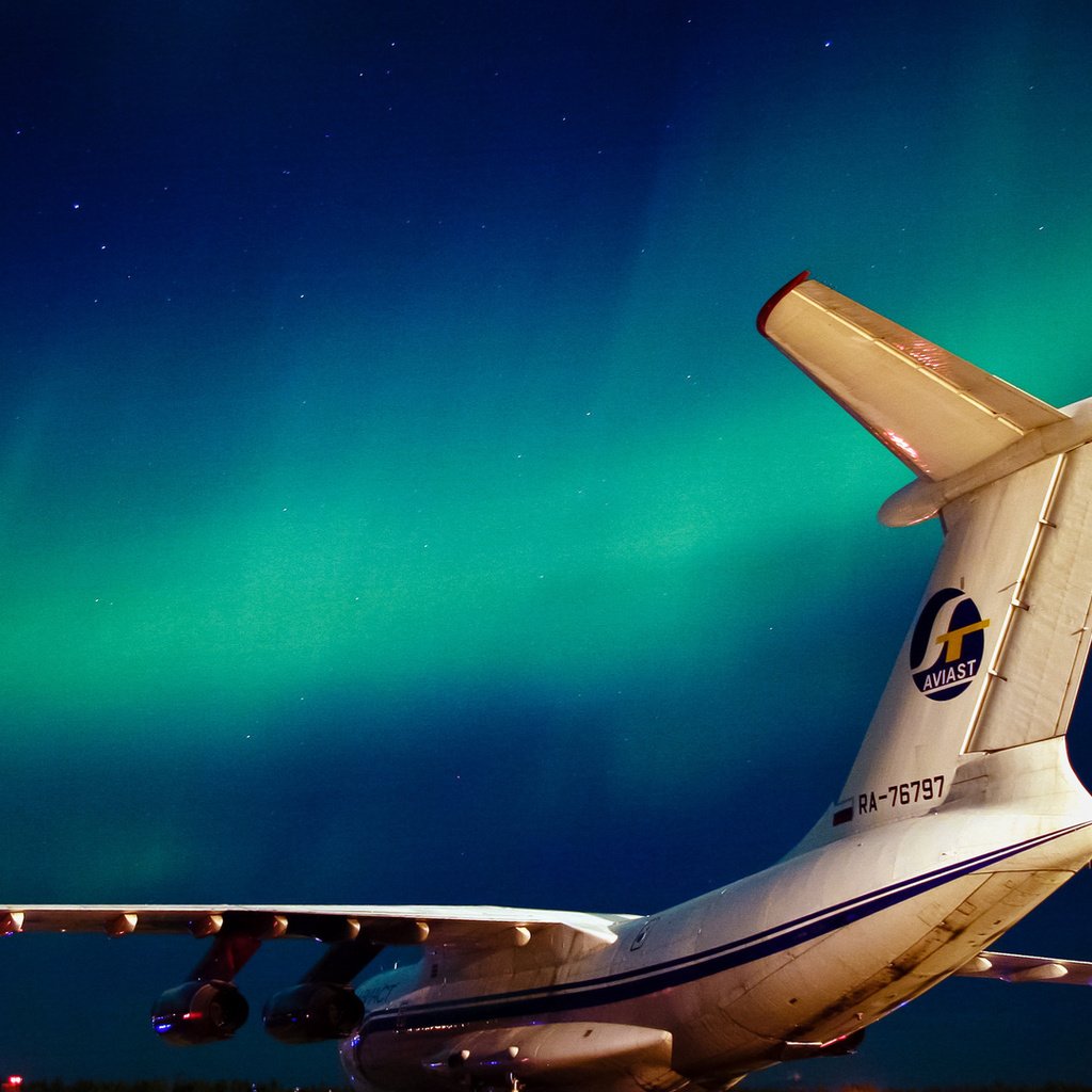 Обои ночь, самолет, северное сияние, ил-76тд, night, the plane, northern lights, il-76td разрешение 1920x1080 Загрузить