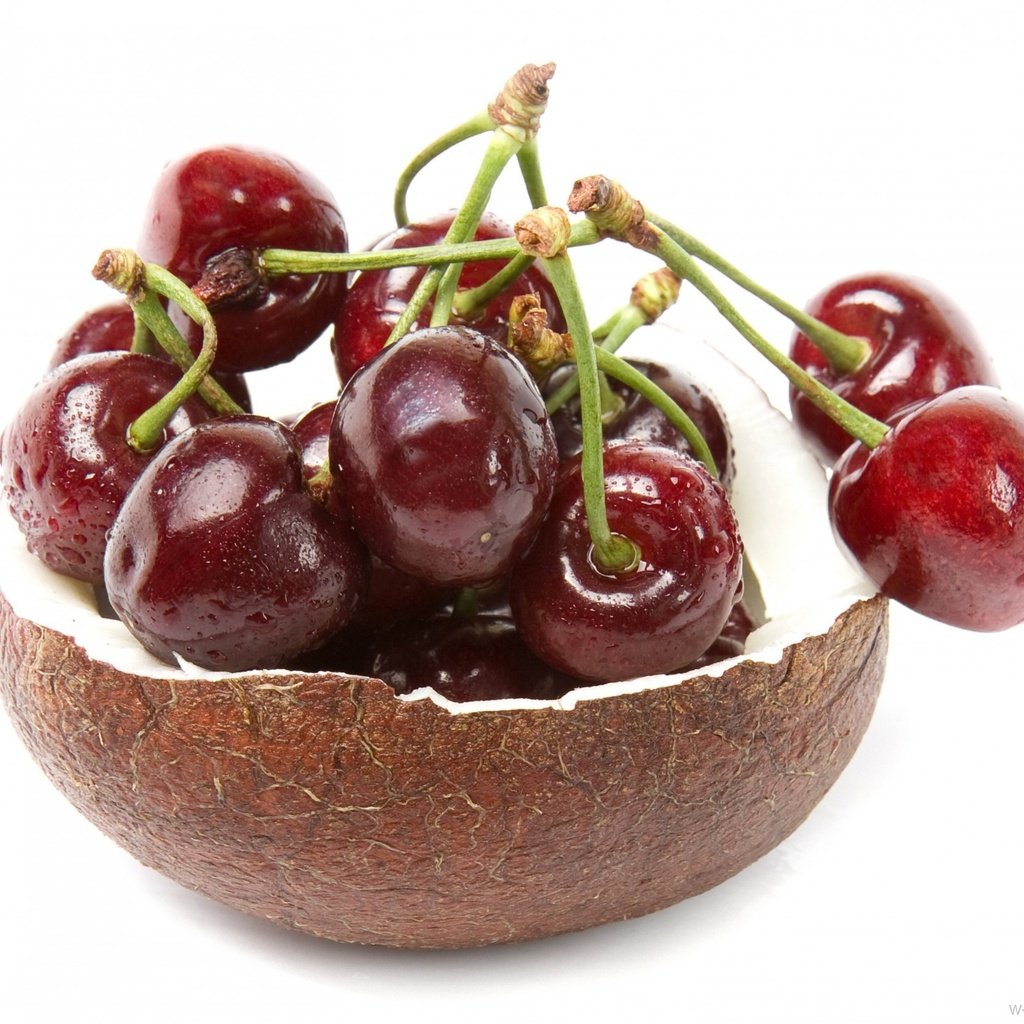 Обои черешня, ягоды, белый фон, вишня, кокос, cherry, berries, white background, coconut разрешение 1920x1663 Загрузить
