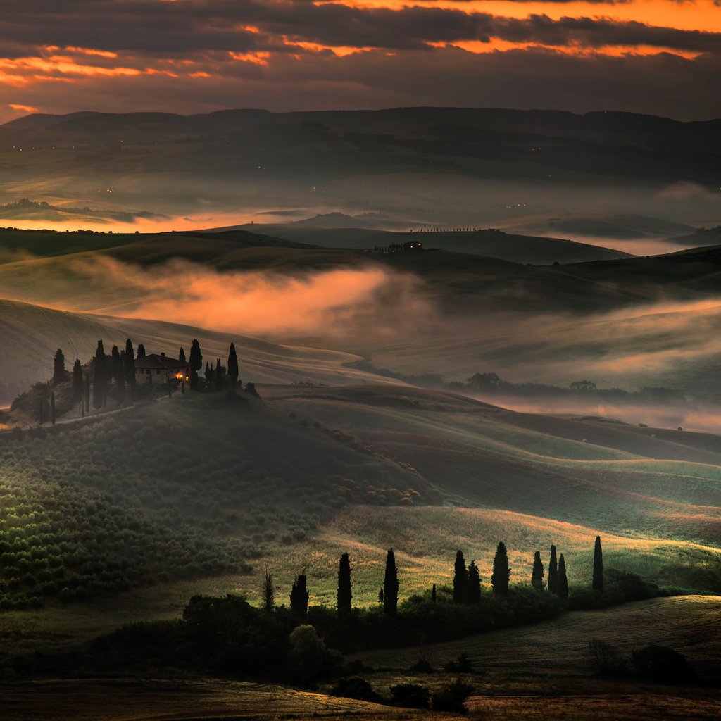 Обои облака, деревья, вечер, холмы, поля, италия, тоскана, clouds, trees, the evening, hills, field, italy, tuscany разрешение 2048x1367 Загрузить