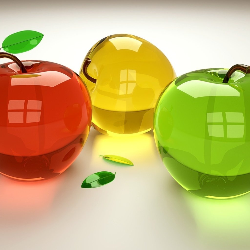 Обои разноцветные, яблоки, графика, стеклянные, 3д, colorful, apples, graphics, glass, 3d разрешение 3840x2400 Загрузить