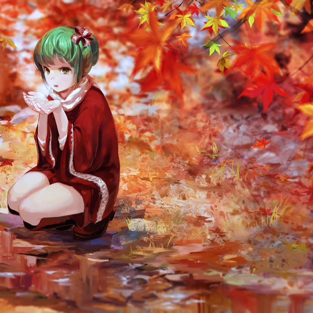 Обои листья, осень, kagiyama hina, зеленые волосы, тохо, leaves, autumn, green hair, touhou разрешение 3600x1800 Загрузить