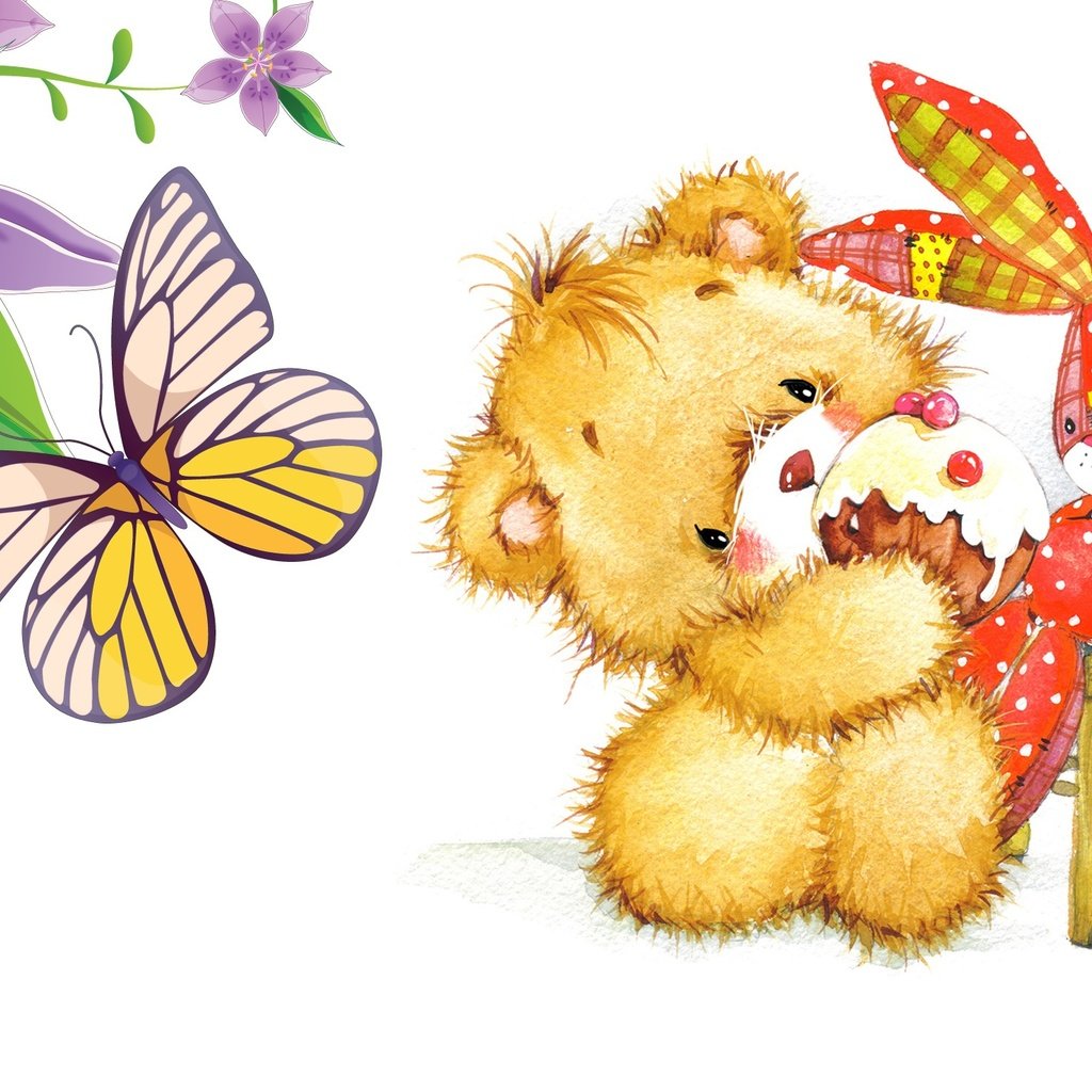 Обои арт, день рождения, настроение, зайчик, бабочка, пирожное, мишка, стульчик, игрушка, детская, малыш, кексик, подарок, праздник, art, birthday, mood, bunny, butterfly, cake, bear, chair, toy, children's, baby, cupcake, gift, holiday разрешение 2322x1479 Загрузить