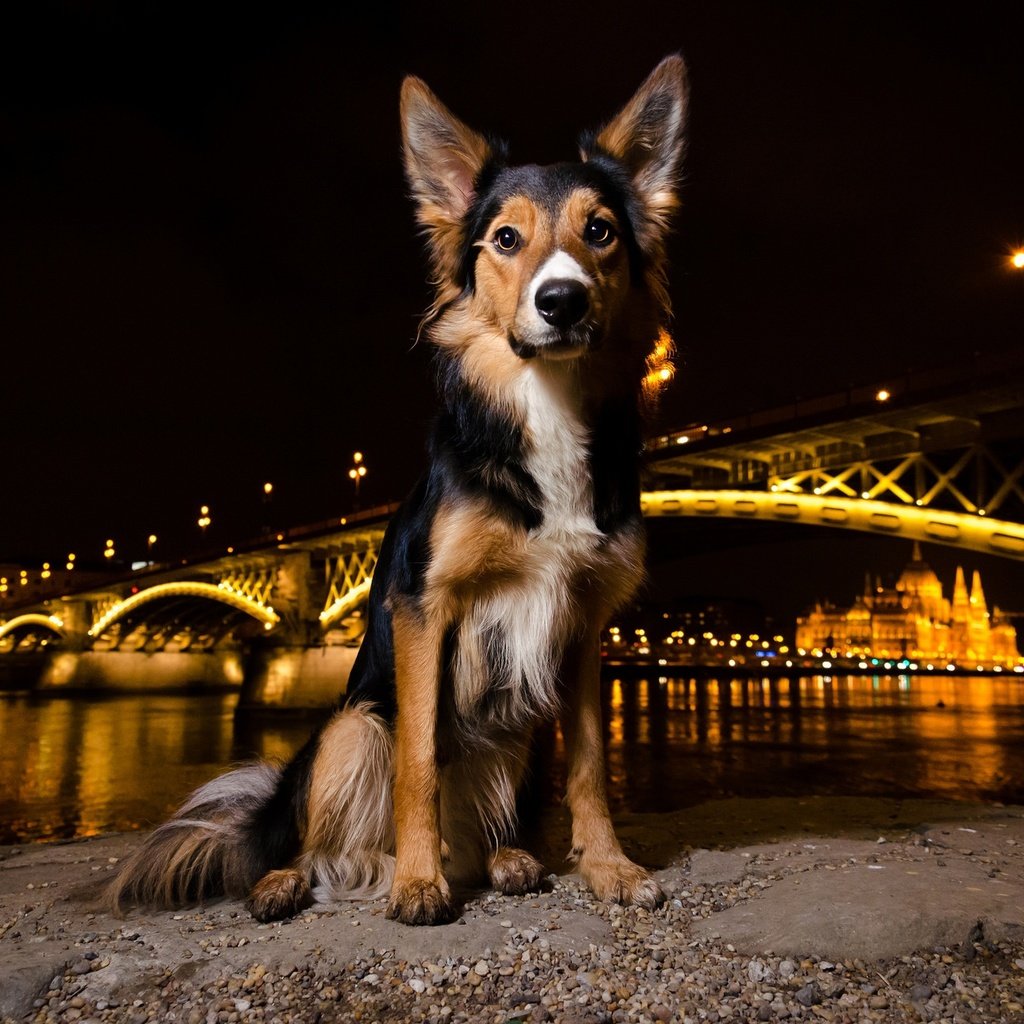 Обои ночь, огни, мордочка, мост, взгляд, собака, щенок, night, lights, muzzle, bridge, look, dog, puppy разрешение 2048x1289 Загрузить