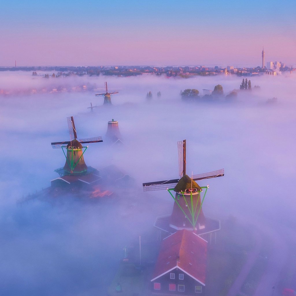 Обои туман, нидерланды, ветряная мельница, fog, netherlands, windmill разрешение 2048x1604 Загрузить