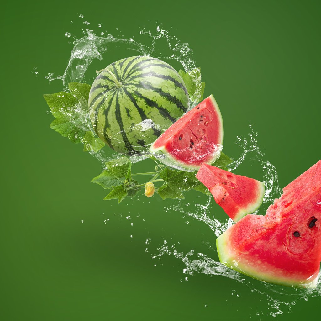 Обои вода, брызги, арбуз, ломтики, всплеск, зеленый фон, water, squirt, watermelon, slices, splash, green background разрешение 6000x4000 Загрузить