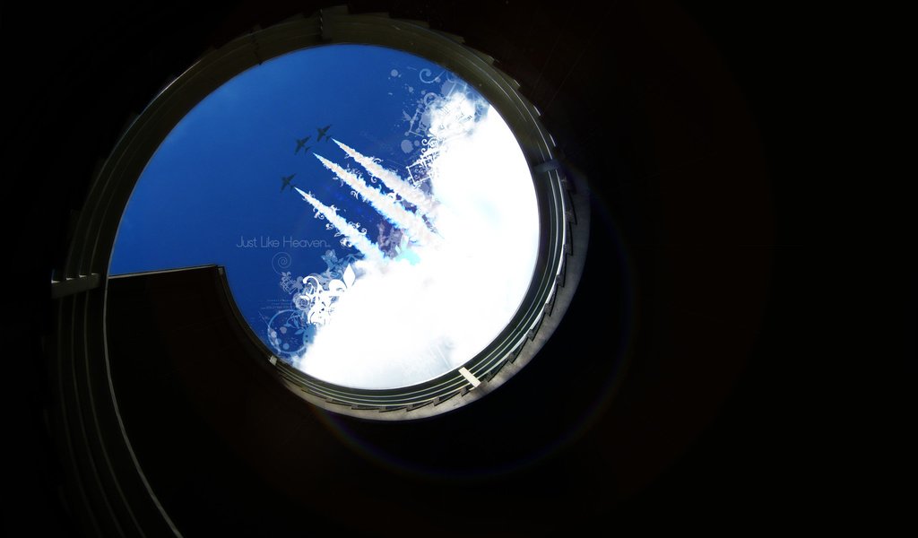 Обои небо, лестница, надпись, самолеты, минимализм, шахта, тень, the sky, ladder, the inscription, aircraft, minimalism, mine, shadow разрешение 1920x1200 Загрузить