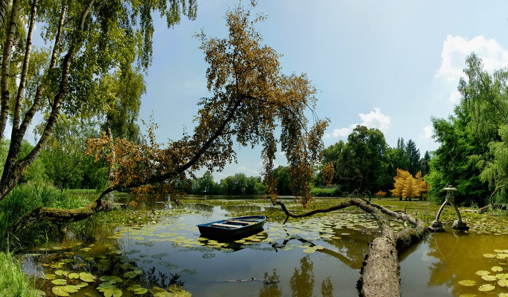 Обои деревья, озеро, лодка, trees, lake, boat разрешение 1920x1200 Загрузить