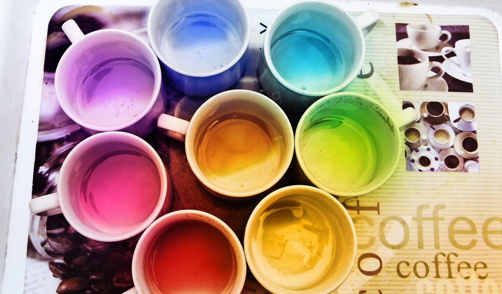 Обои цвета, кофе, радуга, кружки, поднос, color, coffee, rainbow, mugs, tray разрешение 2000x1536 Загрузить