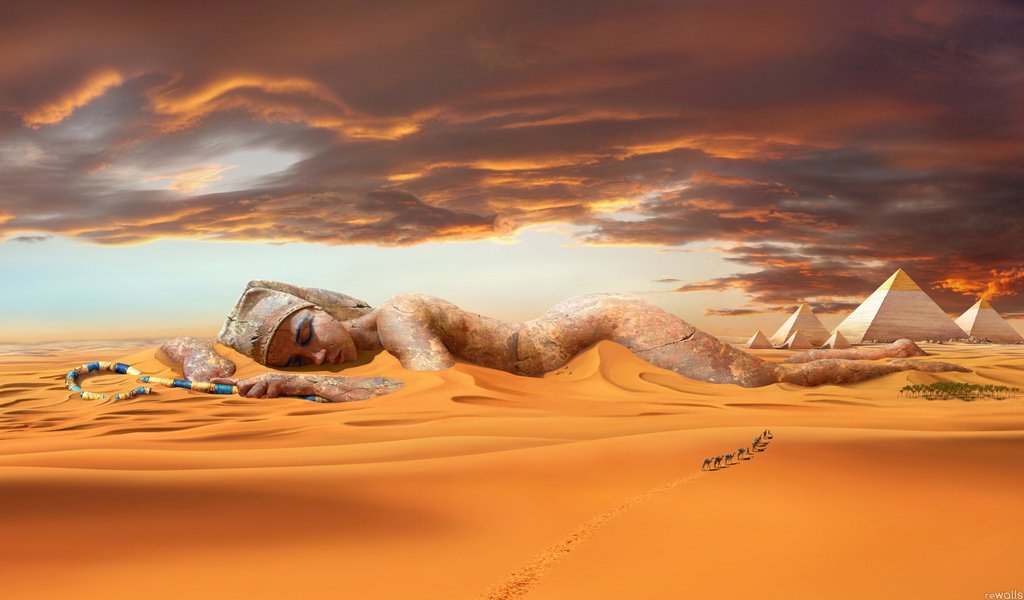 Обои песок, пустыня, статуя, дюны, караван, верблюды, пирамиды, sand, desert, statue, dunes, caravan, camels, pyramid разрешение 1920x1080 Загрузить