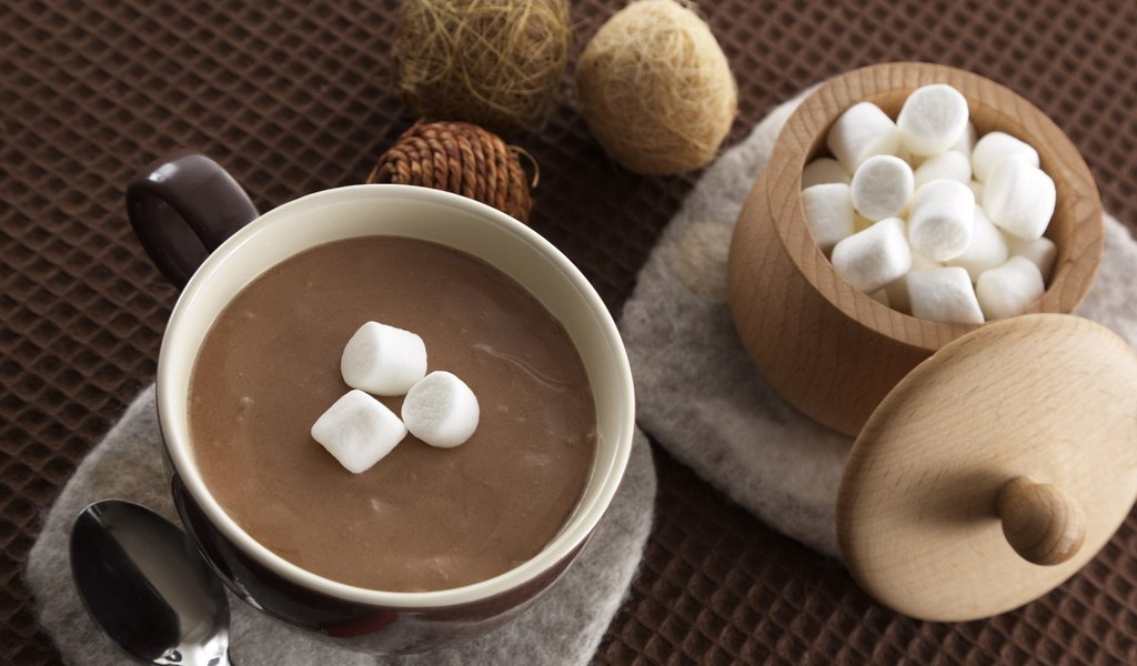 Обои чашка, зефир, ложка, горячий шоколад, маршмеллоу, cup, marshmallows, spoon, hot chocolate разрешение 1920x1200 Загрузить