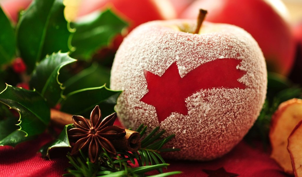 Обои макро, звезда, яблоко, красное, десерт, пудра, эппл, macro, star, apple, red, dessert, powder разрешение 6200x4118 Загрузить