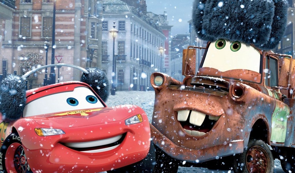 Обои снег, зима, мультфильм, тачки-2, cars2, молния маккуин, мэтр, snow, winter, cartoon, cars-2, lightning mcqueen, mater разрешение 1920x1200 Загрузить