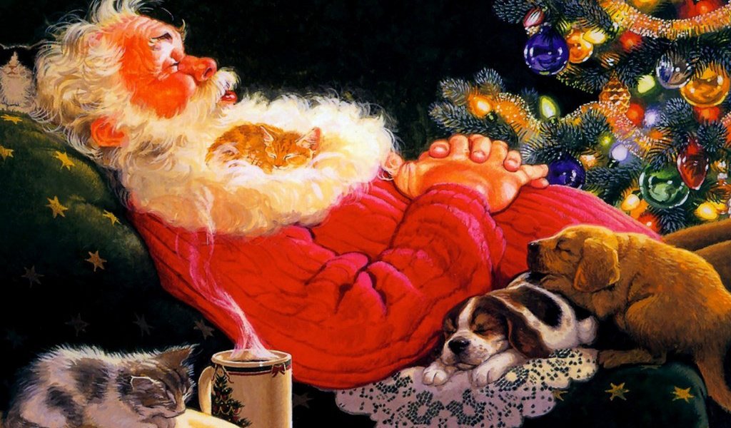 Обои щенки, рисунок, котята, новый год, санта клаус, елка, собачки, зима, котики, спит, дед мороз, кружка, кресло, puppies, figure, kittens, new year, tree, dogs, winter, seals, sleeping, santa claus, mug, chair разрешение 1920x1200 Загрузить