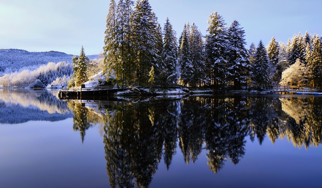 Обои небо, сосны, озеро, снег, природа, лес, зима, отражение, иней, the sky, pine, lake, snow, nature, forest, winter, reflection, frost разрешение 1920x1280 Загрузить