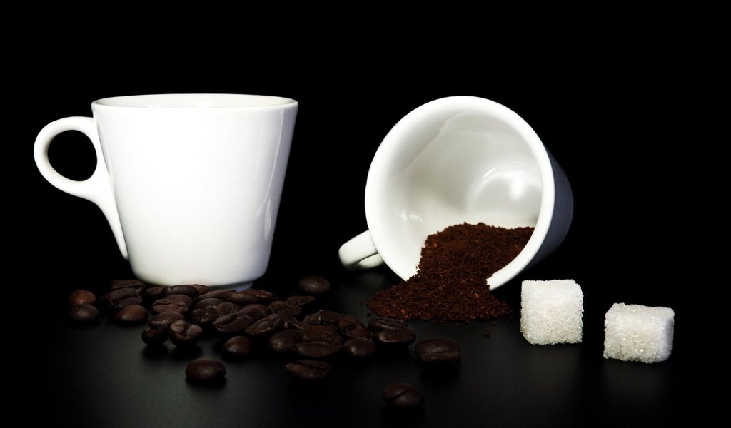 Обои зерна, кофе, черный фон, кофейные, сахар, белая кружка, молотый кофе, grain, coffee, black background, sugar, white mug, ground coffee разрешение 1920x1200 Загрузить