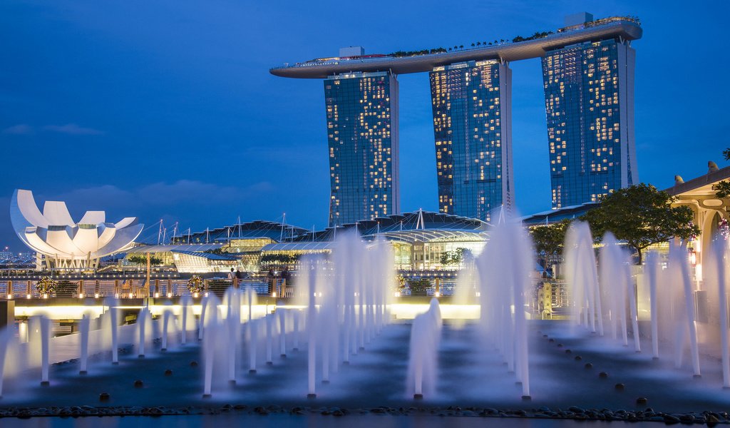 Обои огни, архитектура, голубая, фонтаны, неба, высотки, сингапур, gardens by the bay, ноч, night, lights, architecture, blue, fountains, sky, skyscrapers, singapore разрешение 1920x1080 Загрузить