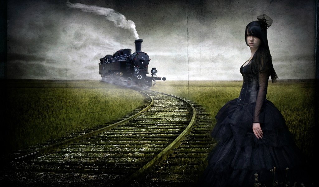 Обои дорога, девушка, картина, фантастика, поезд, road, girl, picture, fiction, train разрешение 2560x1600 Загрузить