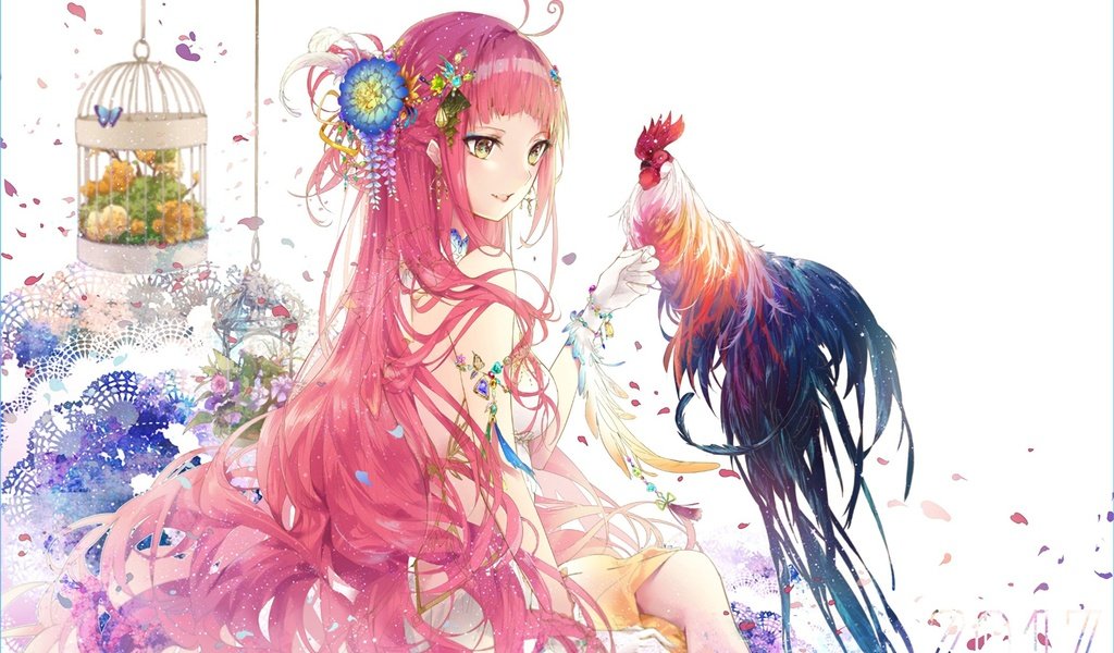Обои арт, девушка, аниме, птица, волосы, петух, art, girl, anime, bird, hair, cock разрешение 2070x1346 Загрузить