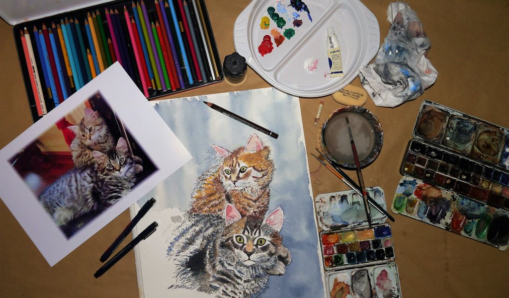 Обои рисунок, краски, карандаши, кошки, figure, paint, pencils, cats разрешение 3840x2400 Загрузить