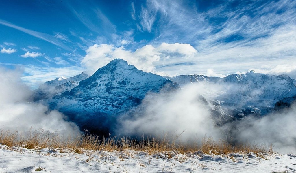 Обои небо, альпы, облака, снег, природа, зима, пейзаж, гора, плато, the sky, alps, clouds, snow, nature, winter, landscape, mountain, plateau разрешение 1920x1080 Загрузить