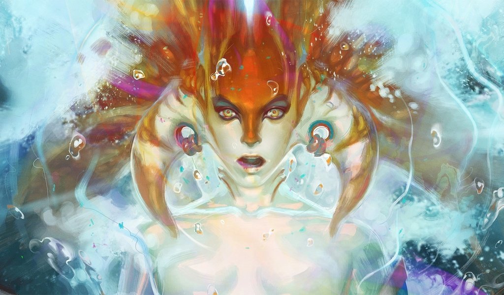 Обои арт, вода, девушка, лицо, рога, пузырьки, naga, сирена, dota 2, art, water, girl, face, horns, bubbles, siren разрешение 2656x1080 Загрузить