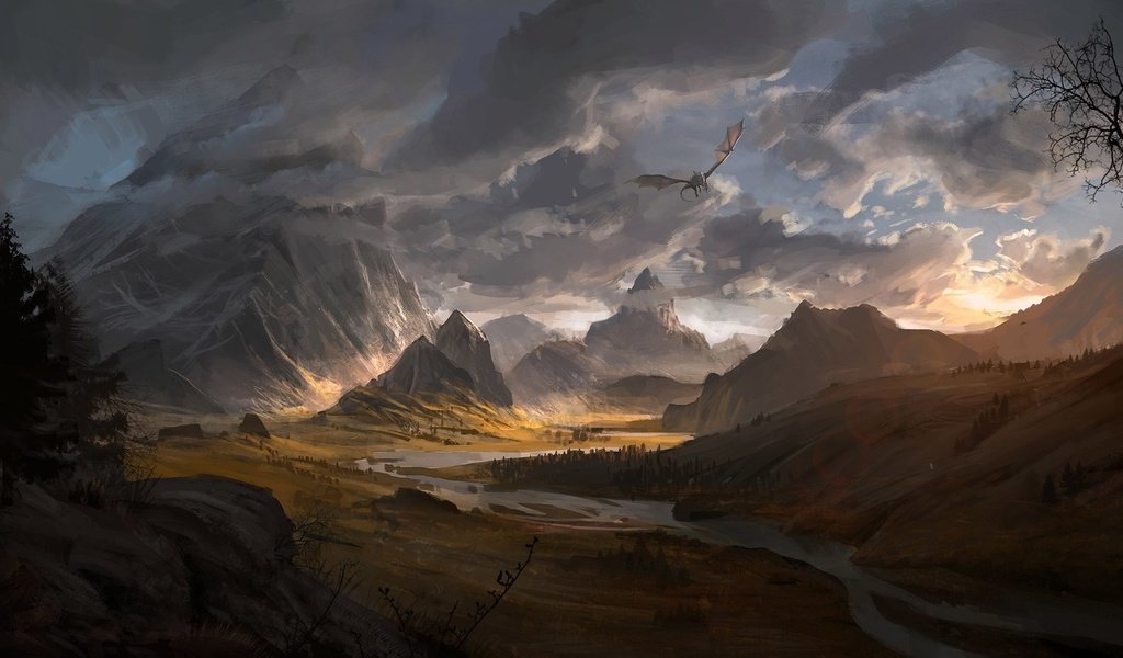 Обои горы, закат, дракон, скайрим, mountains, sunset, dragon, skyrim разрешение 1920x1080 Загрузить