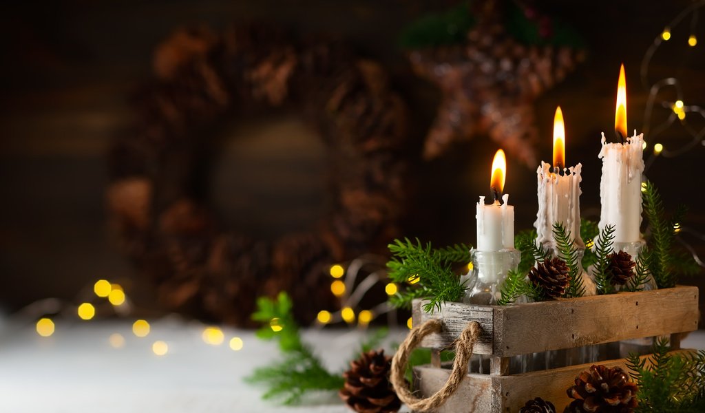 Обои свечи, ящик, новый год, композиция, елка, хвоя, ветки, праздник, рождество, шишки, candles, box, new year, composition, tree, needles, branches, holiday, christmas, bumps разрешение 5556x3704 Загрузить