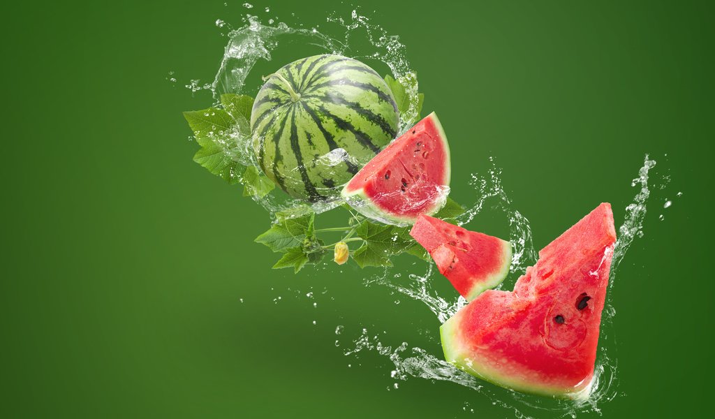 Обои вода, брызги, арбуз, ломтики, всплеск, зеленый фон, water, squirt, watermelon, slices, splash, green background разрешение 6000x4000 Загрузить