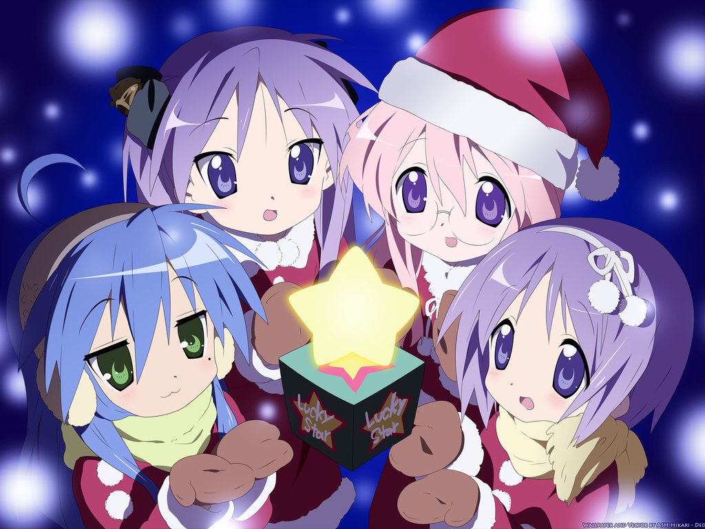 Обои lucky star, izumi konata, hiiragi tsukasa, hiiragi kagami, takara miyuki, елочная, christmas разрешение 1920x1200 Загрузить