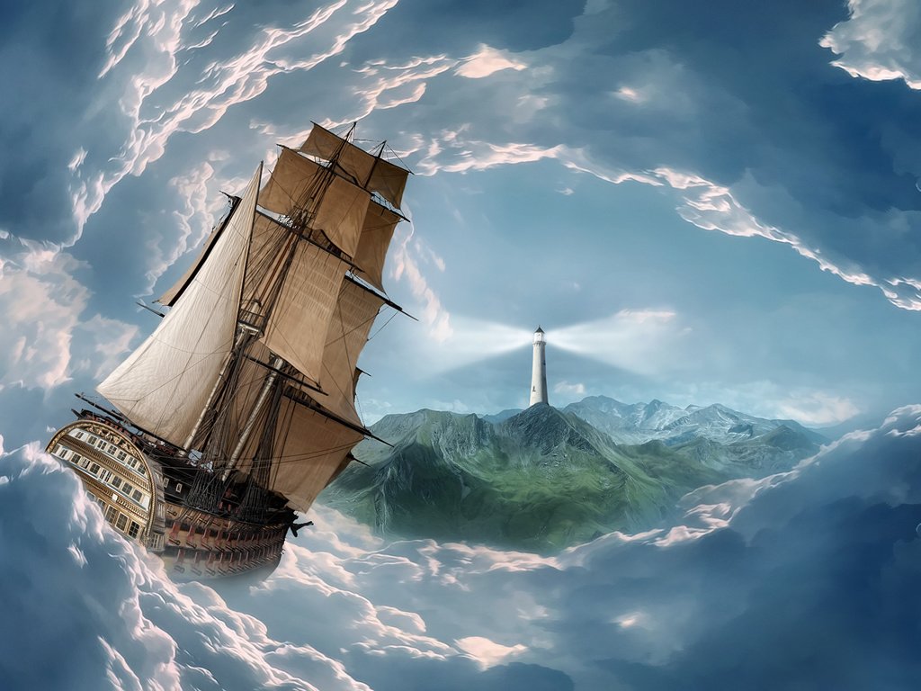 Обои арт, облака, маяк, корабль, aбстракции, 3д, парусные корабли, art, clouds, lighthouse, ship, abstraction, 3d, sailing ships разрешение 1920x1200 Загрузить