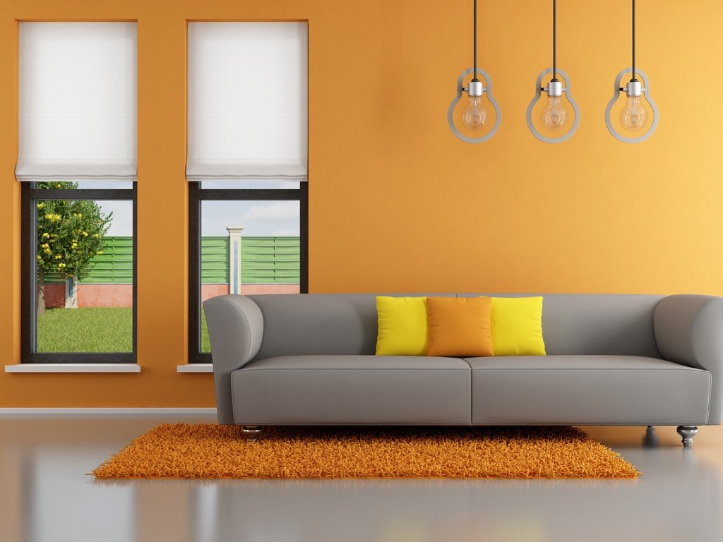 Обои стильный дизайн, интерьер, минималистский, подушки, оранжевый, окно, апельсин, диван, гостиная, кушетка, pillows, stylish design, interior, minimalist, pillow, orange, window, sofa, living room, couch разрешение 5200x3419 Загрузить