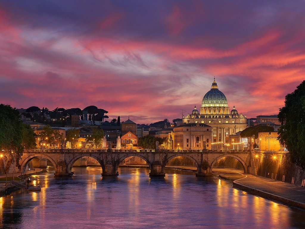 Обои вечер, ватикан, река, собор, мост, город, италия, церковь, рим, the evening, the vatican, river, cathedral, bridge, the city, italy, church, rome разрешение 1920x1200 Загрузить