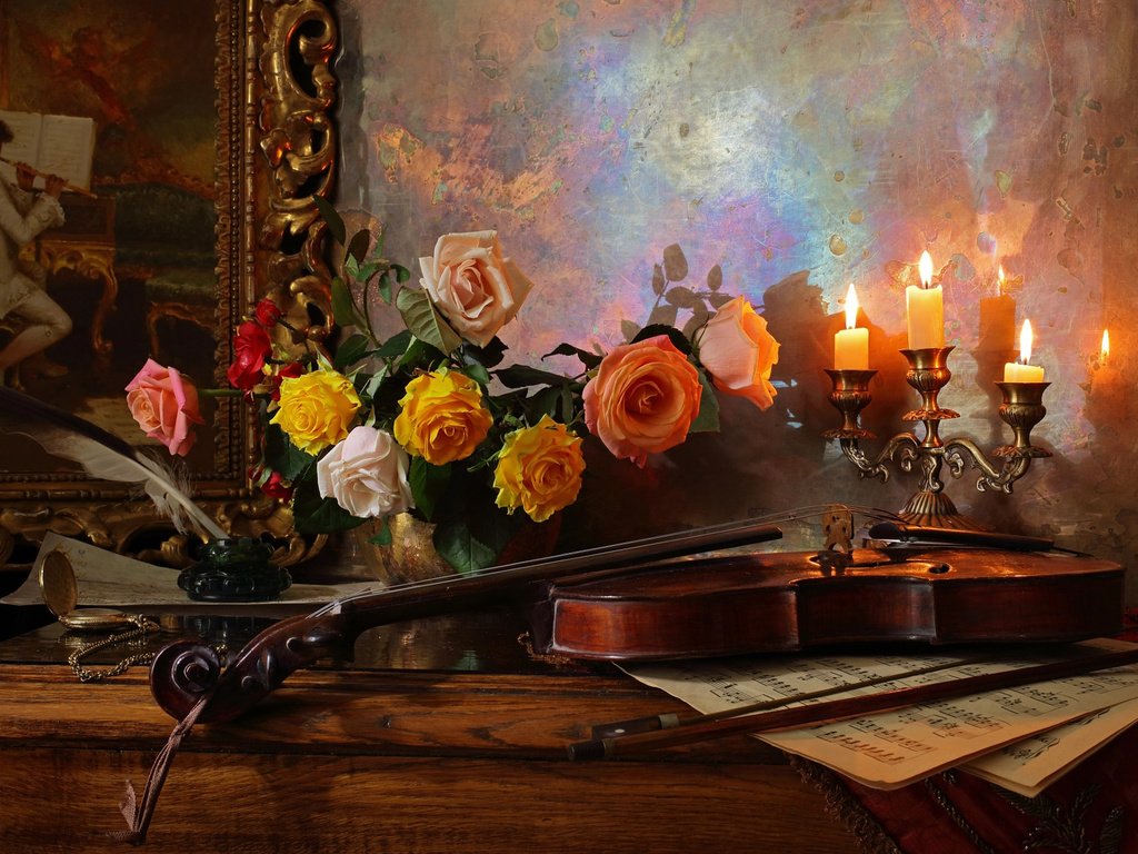 Обои столик, цветы, натюрморт, свечи, чернильница, картина, розы, андрей морозов, ноты, скрипка, ваза, перо, table, flowers, still life, candles, ink, picture, roses, andrey morozov, notes, violin, vase, pen разрешение 2048x1165 Загрузить